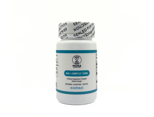 Mana Nutrition NAD+ Complex 750MG supplement – with Niacin & Vitamin C – Vegan, Gluten-Free, Non-GMO – 30 Capsules