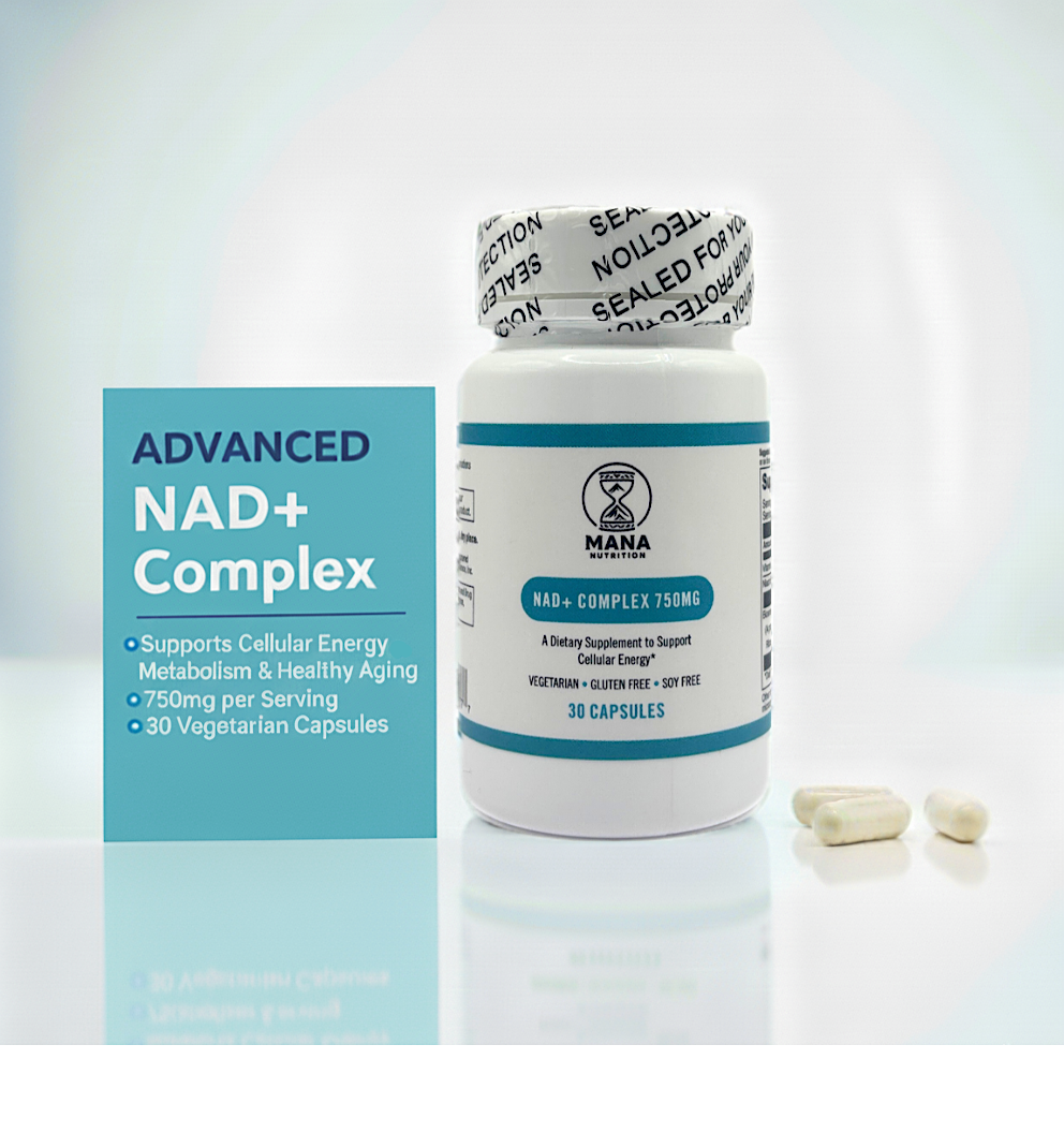 Mana Nutrition NAD+ Complex 750MG supplement – with Niacin & Vitamin C – Vegan, Gluten-Free, Non-GMO – 30 Capsules