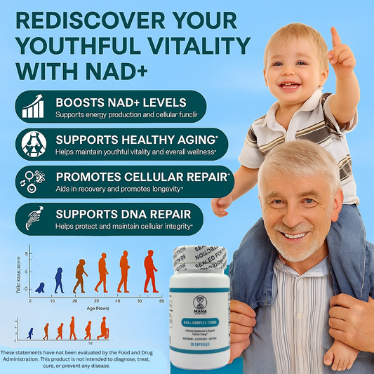 Mana Nutrition NAD+ Complex 750MG supplement – with Niacin & Vitamin C – Vegan, Gluten-Free, Non-GMO – 30 Capsules